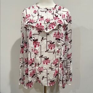 Ann Taylor Size L Floral  Ruffled Bib Collar Blouse Bell Long Sleeve